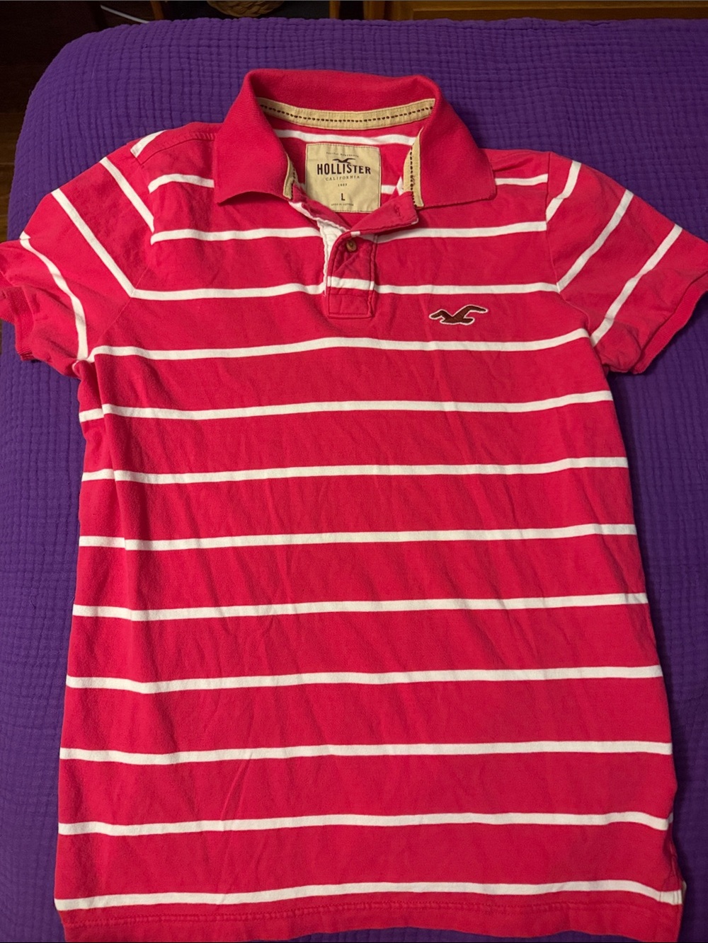 Hollister pink & White Striped Men's Polo Large